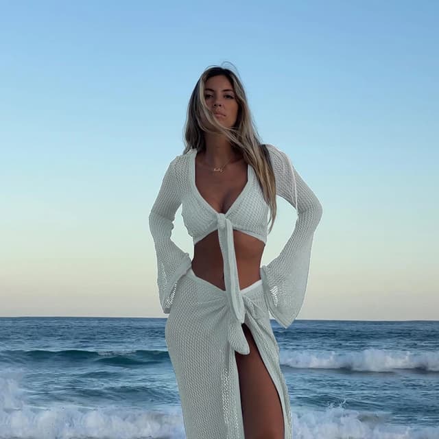 Anfilia Women's Long Sleeve Knit Crop Cover Up Top and Skirt Set - Casual Fashion Two-Piece Outfit for All Seasons showcase 5