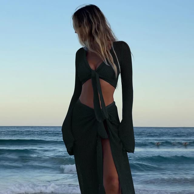 Anfilia Women's Long Sleeve Knit Crop Cover Up Top and Skirt Set - Casual Fashion Two-Piece Outfit for All Seasons showcase 3