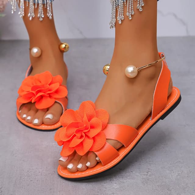 Fashion Flower Pearl Embellished Flat Sandals for Women - Summer New Solid Color Round Head Comfortable Leisure Non-slip Footwear showcase 8