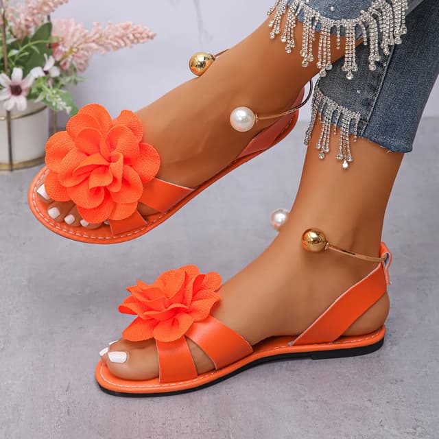 Fashion Flower Pearl Embellished Flat Sandals for Women - Summer New Solid Color Round Head Comfortable Leisure Non-slip Footwear showcase 6