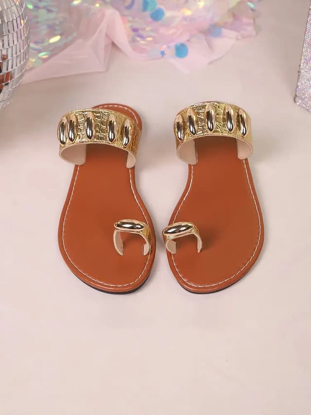 Bohemian Gold Embellished Flat Sandals Women's Casual Toe Ring Croc Strap Flip Flops for Summer Beach Wear showcase 1