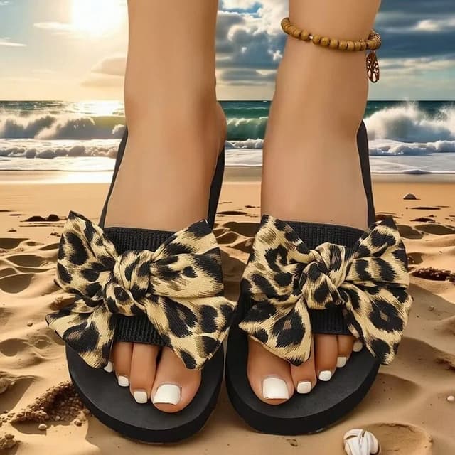 Women's Fashion Leopard Print Bow Slippers - Lightweight Comfortable Flat Slides Sandals, Summer Beach Pool Shoes, Plus Size 42 showcase 4