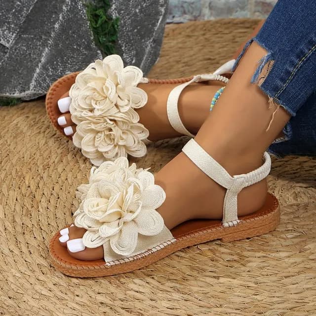 Women's White Floral Flat Sandals - Bohemian Summer Beach Casual Shoes with Elastic Ankle Strap, Open Toe Comfort Footwear for Ladies showcase 10