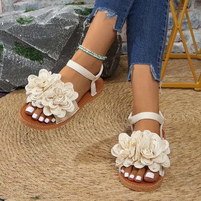 Women's White Floral Flat Sandals - Bohemian Summer Beach Casual Shoes with Elastic Ankle Strap, Open Toe Comfort Footwear for Ladies showcase 8