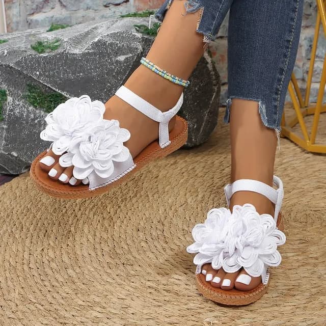 Women's White Floral Flat Sandals - Bohemian Summer Beach Casual Shoes with Elastic Ankle Strap, Open Toe Comfort Footwear for Ladies showcase 13