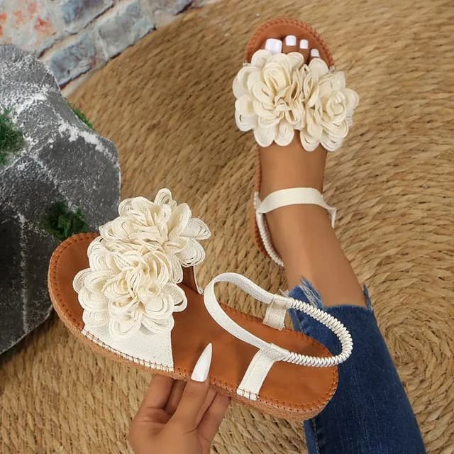 Women's White Floral Flat Sandals - Bohemian Summer Beach Casual Shoes with Elastic Ankle Strap, Open Toe Comfort Footwear for Ladies showcase 6