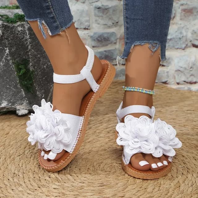 Women's White Floral Flat Sandals - Bohemian Summer Beach Casual Shoes with Elastic Ankle Strap, Open Toe Comfort Footwear for Ladies showcase 11