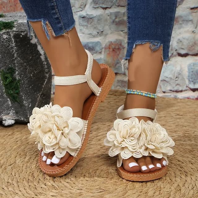 Women's White Floral Flat Sandals - Bohemian Summer Beach Casual Shoes with Elastic Ankle Strap, Open Toe Comfort Footwear for Ladies showcase 9