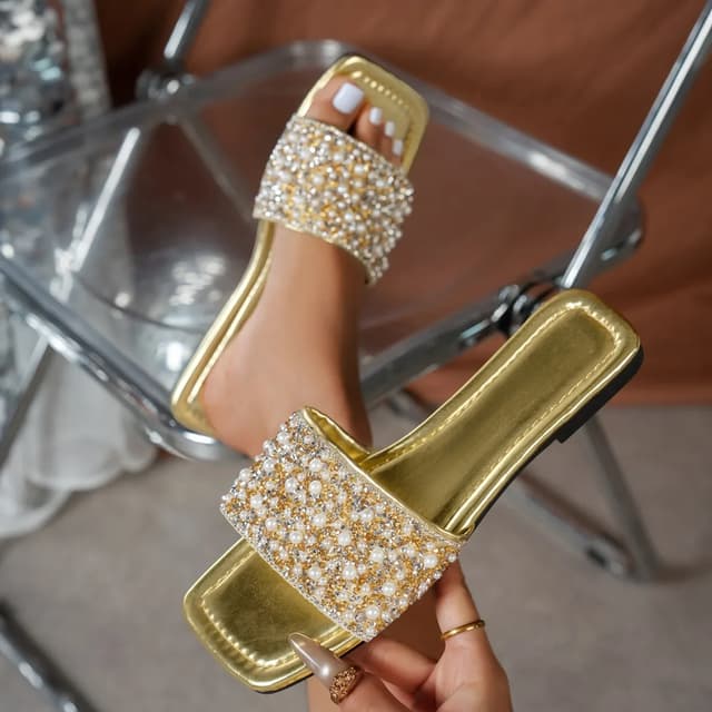 Women's Fashion Rhinestone Flat Sandals - Comfortable Non-Slip Crystal Slides for Summer Beach Wear showcase 11