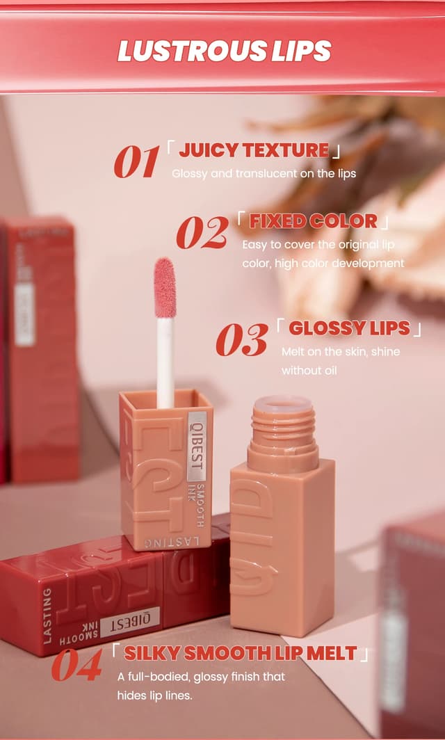 QIBEST 8 Colors Nude Watery Lip Gloss - Long-Lasting Liquid Lipstick, Sexy Red/Purple Lip Glaze, Non-Fading Tint for Women's Makeup showcase 6