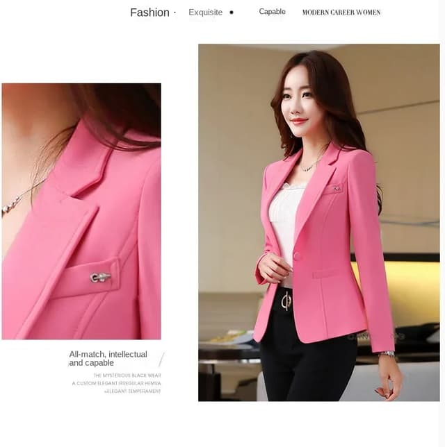 Women's Pink Slim Fit Blazer Jacket - Korean Style Casual Chic Elegant Short Sleeve Top for Spring/Autumn showcase 10