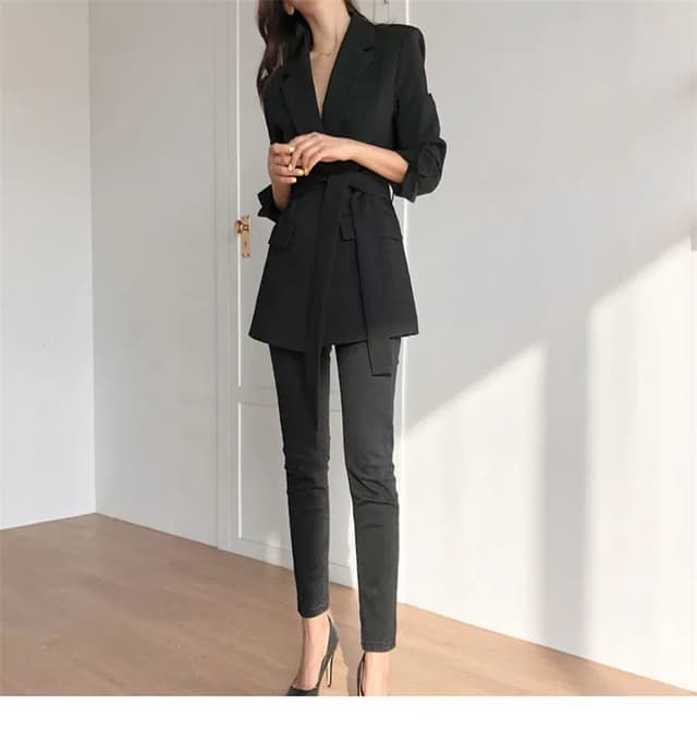 Women's Pink Korean Style Blazer Jacket - Medium Length, British Casual Personality, Spring/Autumn Fashion with Belt Detail showcase 9