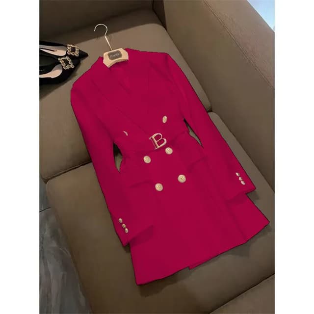 Elegant Women's Double Breasted Long Coat - British Style Suit Collar Windbreaker for Spring Commuting, Polyester, 50-65cm Length showcase 11