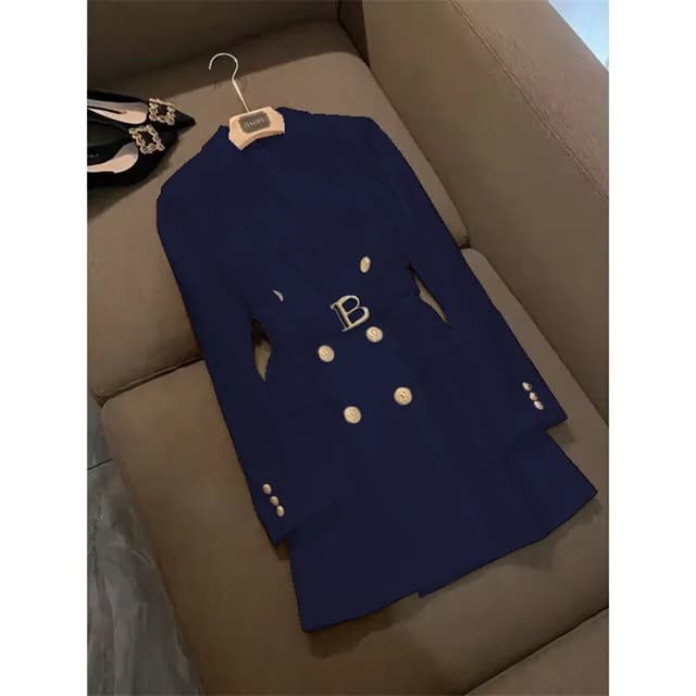 Elegant Women's Double Breasted Long Coat - British Style Suit Collar Windbreaker for Spring Commuting, Polyester, 50-65cm Length showcase 18