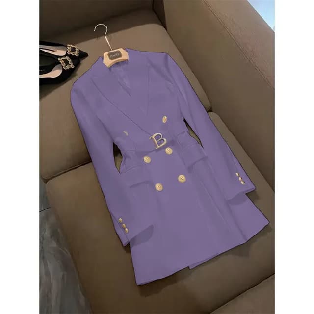Elegant Women's Double Breasted Long Coat - British Style Suit Collar Windbreaker for Spring Commuting, Polyester, 50-65cm Length showcase 8
