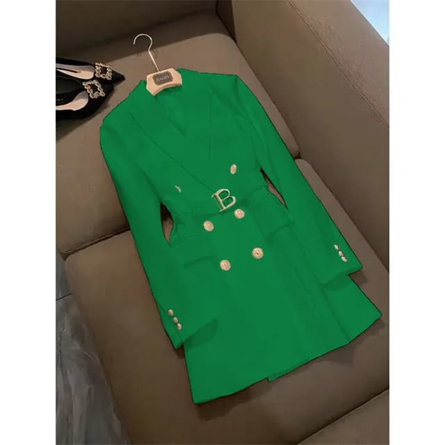 Elegant Women's Double Breasted Long Coat - British Style Suit Collar Windbreaker for Spring Commuting, Polyester, 50-65cm Length showcase 16