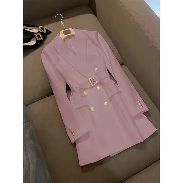 Elegant Women's Double Breasted Long Coat - British Style Suit Collar Windbreaker for Spring Commuting, Polyester, 50-65cm Length showcase 10