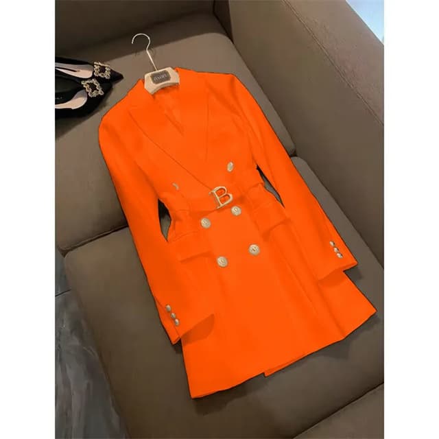 Elegant Women's Double Breasted Long Coat - British Style Suit Collar Windbreaker for Spring Commuting, Polyester, 50-65cm Length showcase 14