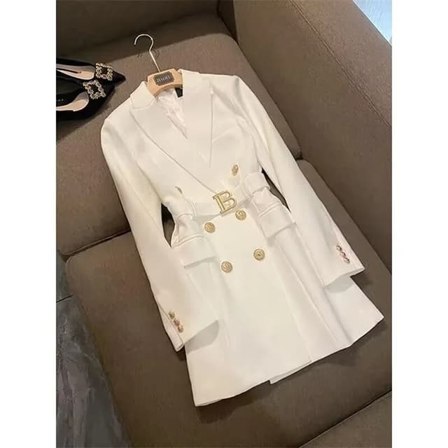 Elegant Women's Double Breasted Long Coat - British Style Suit Collar Windbreaker for Spring Commuting, Polyester, 50-65cm Length showcase 2