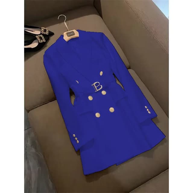 Elegant Women's Double Breasted Long Coat - British Style Suit Collar Windbreaker for Spring Commuting, Polyester, 50-65cm Length showcase 17