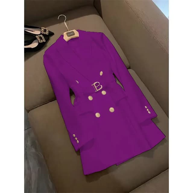 Elegant Women's Double Breasted Long Coat - British Style Suit Collar Windbreaker for Spring Commuting, Polyester, 50-65cm Length showcase 9