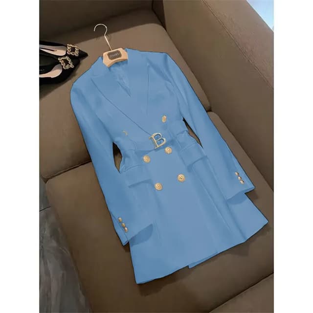 Elegant Women's Double Breasted Long Coat - British Style Suit Collar Windbreaker for Spring Commuting, Polyester, 50-65cm Length showcase 12