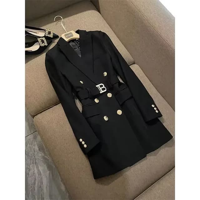 Elegant Women's Double Breasted Long Coat - British Style Suit Collar Windbreaker for Spring Commuting, Polyester, 50-65cm Length showcase 5