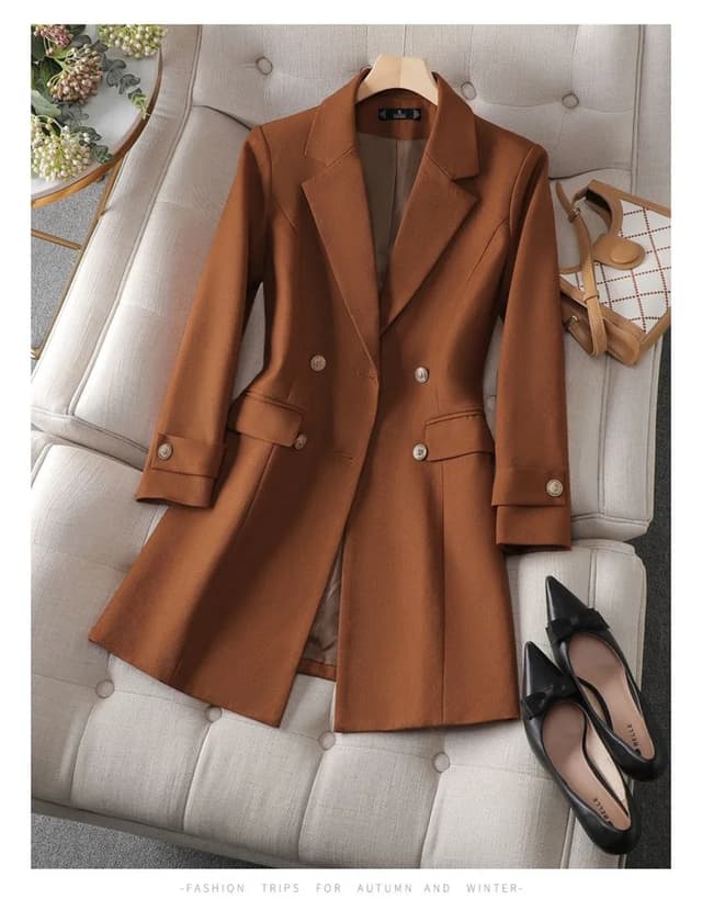 Women's Long Blazer Jacket - Autumn Winter Office Formal Business Work Wear Coat in Khaki, Coffee, Black showcase 5