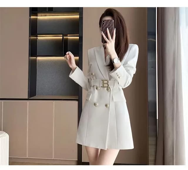 Korean Style Slimming Women's Double-Breasted Blazer Jacket - Polyester Casual Slim Fit Waist-Cinched Spring Autumn Outerwear showcase 9