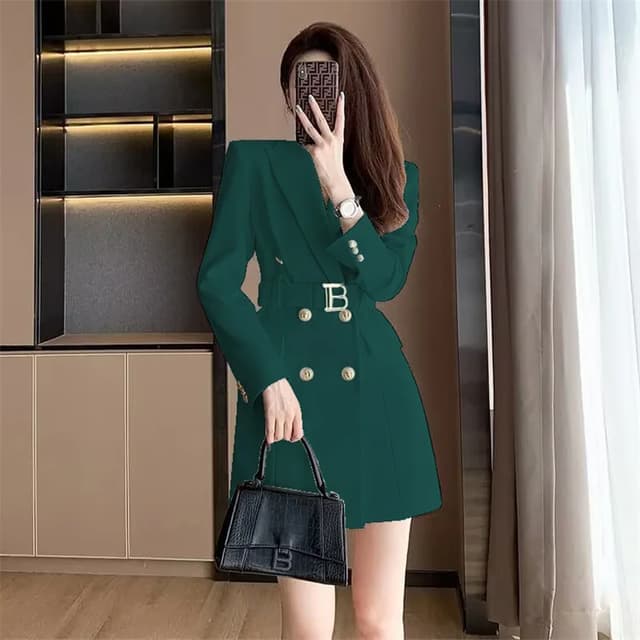 Korean Style Slimming Women's Double-Breasted Blazer Jacket - Polyester Casual Slim Fit Waist-Cinched Spring Autumn Outerwear showcase 14