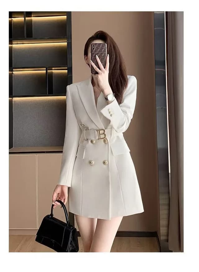 Korean Style Slimming Women's Double-Breasted Blazer Jacket - Polyester Casual Slim Fit Waist-Cinched Spring Autumn Outerwear showcase 10