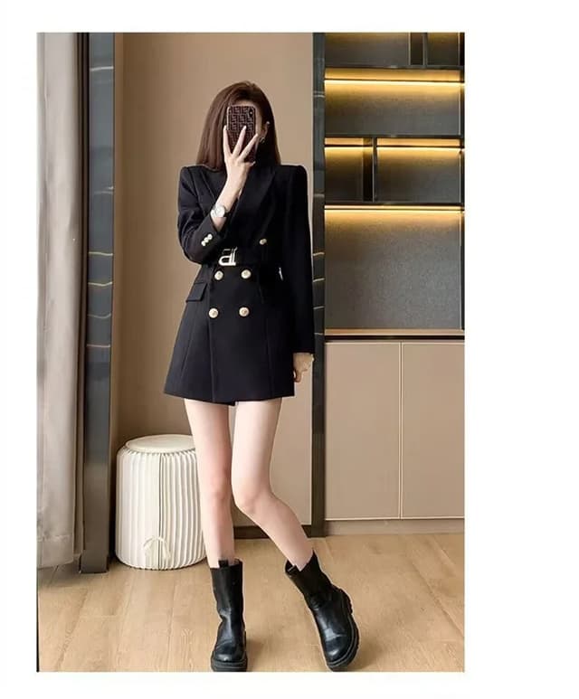 Korean Style Slimming Women's Double-Breasted Blazer Jacket - Polyester Casual Slim Fit Waist-Cinched Spring Autumn Outerwear showcase 6