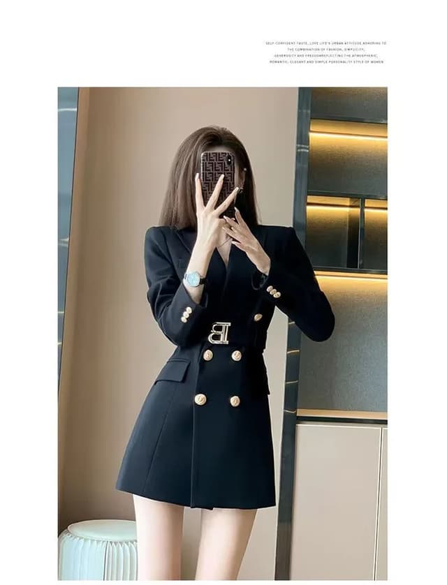 Korean Style Slimming Women's Double-Breasted Blazer Jacket - Polyester Casual Slim Fit Waist-Cinched Spring Autumn Outerwear showcase 3