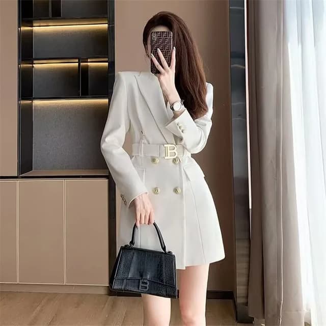 Korean Style Slimming Women's Double-Breasted Blazer Jacket - Polyester Casual Slim Fit Waist-Cinched Spring Autumn Outerwear showcase 8