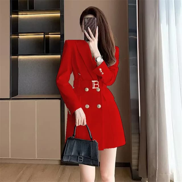 Korean Style Slimming Women's Double-Breasted Blazer Jacket - Polyester Casual Slim Fit Waist-Cinched Spring Autumn Outerwear showcase 16