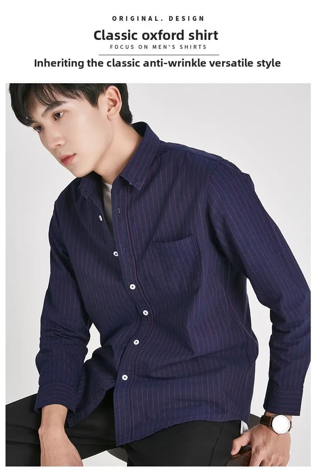 Men's Korean Style Oxford Cotton Long Sleeve Shirt - Versatile Striped Pattern, No Ironing Casual Wear for Youth showcase 4