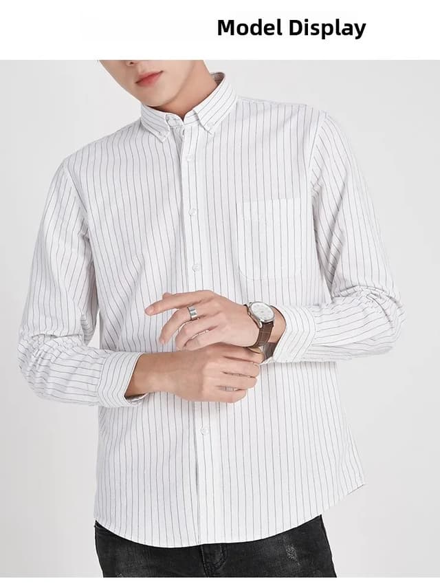 Men's Korean Style Oxford Cotton Long Sleeve Shirt - Versatile Striped Pattern, No Ironing Casual Wear for Youth showcase 15