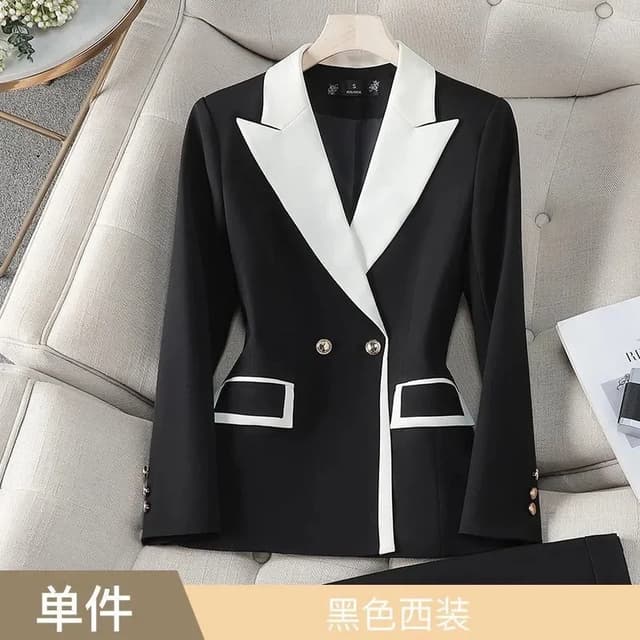 Women's Autumn Contrast Color Double Breasted Notched Loose Fit Blazer Coat - Stylish Long Sleeve Office Jacket for Fashionable Ladies showcase 4