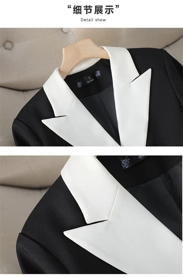 Women's Autumn Contrast Color Double Breasted Notched Loose Fit Blazer Coat - Stylish Long Sleeve Office Jacket for Fashionable Ladies showcase 12