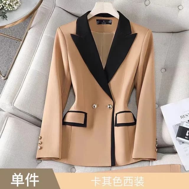 Women's Autumn Contrast Color Double Breasted Notched Loose Fit Blazer Coat - Stylish Long Sleeve Office Jacket for Fashionable Ladies showcase 9