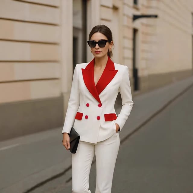 Women's Patchwork Long Sleeve Suit Jacket Set - Autumn/Winter Polyester Blend, Comfortable Casual Commute Style, Double-Breasted, Color Block, Petal Sleeves showcase 5
