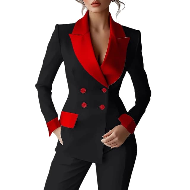 Women's Patchwork Long Sleeve Suit Jacket Set - Autumn/Winter Polyester Blend, Comfortable Casual Commute Style, Double-Breasted, Color Block, Petal Sleeves showcase 8