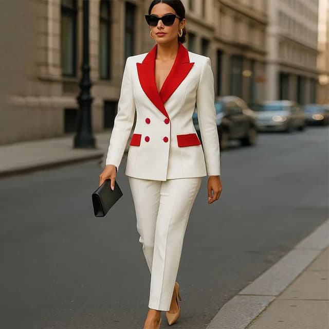 Women's Patchwork Long Sleeve Suit Jacket Set - Autumn/Winter Polyester Blend, Comfortable Casual Commute Style, Double-Breasted, Color Block, Petal Sleeves showcase 11