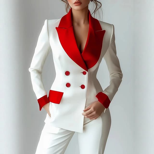 Women's Patchwork Long Sleeve Suit Jacket Set - Autumn/Winter Polyester Blend, Comfortable Casual Commute Style, Double-Breasted, Color Block, Petal Sleeves showcase 4