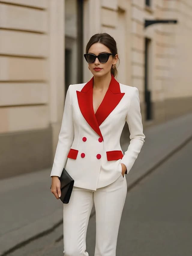 Women's Patchwork Long Sleeve Suit Jacket Set - Autumn/Winter Polyester Blend, Comfortable Casual Commute Style, Double-Breasted, Color Block, Petal Sleeves showcase 7