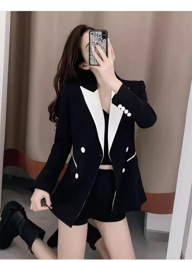 Women's Contrast Color Blazer Jacket - Stylish Autumn Trench Coat Design for Fashionable Ladies showcase 8