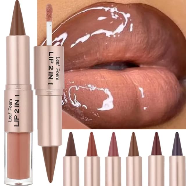 2-in-1 Gradient Lipliner Pen & Lip Gloss - Nude Brown Matte Lip Liner with Mirror Finish, Waterproof, Non-Stick, Long-Lasting Makeup for Stunning Lips showcase 1