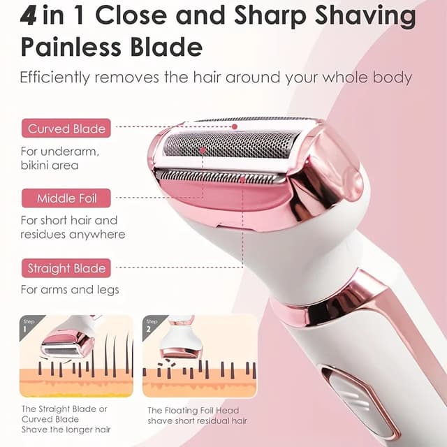 4-in-1 Electric Lady Shaver for Women - Painless Cordless Body Hair Removal Epilator with Trimmer, Eyebrow, and Nose Hair Attachments, USB Rechargeable, Perfect Gift showcase 6