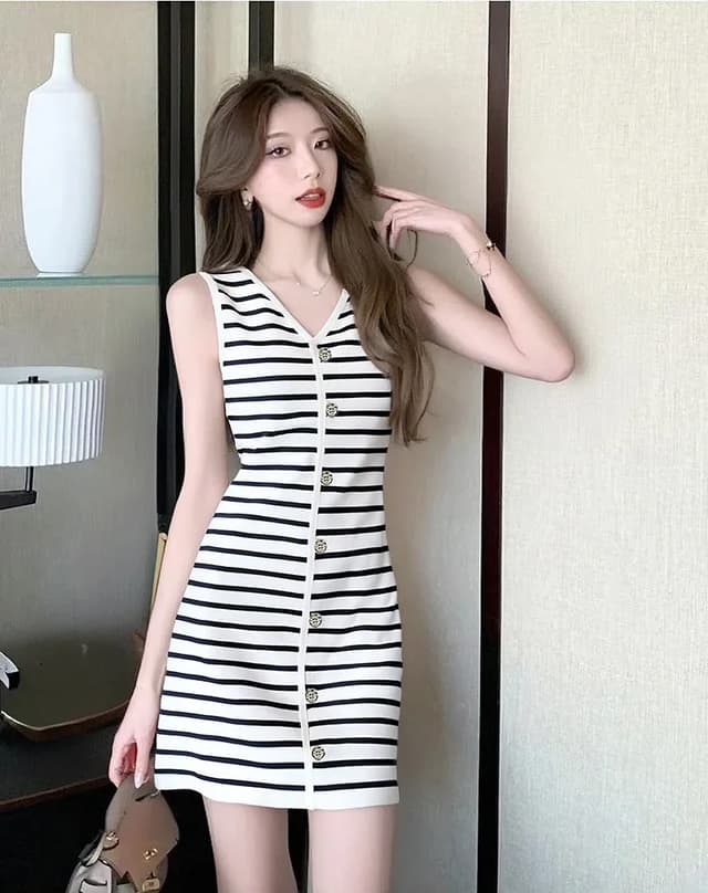 Elegant V-Neck Sleeveless Knitted Mini Dress for Women - Slim Fit Stripe Design, Summer Fashion, Casual Party Wear showcase 1