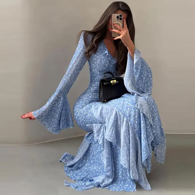 Chic Printed V-Neck Ruffle Bell Sleeve Maxi Dress for Women - Elegant Slim Fit Summer Vacation Robe showcase 11